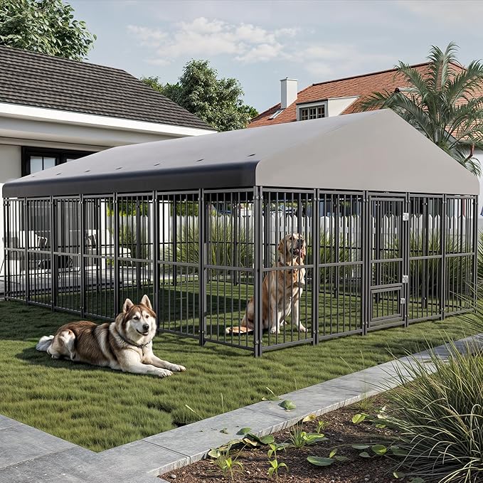Large Dog Kennel Outside 10X14FT Heavy Duty Dog Cage with Feeding Door, Outdoor Dog Run with Roof and Double Safety Locks for Pets Enclosures