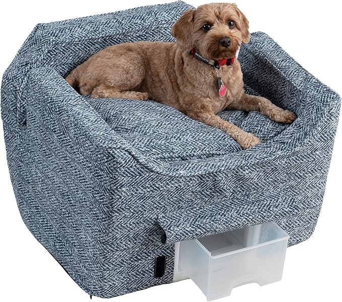 Snoozer Dog Car Seat with Storage Tray: Lookout II Dog Booster Car Seat for Pets up to 25lbs, Helps Alleviate Travel Sickness & Fear for Dogs, Removable Washable Cover – Palmer Indigo, Size Medium