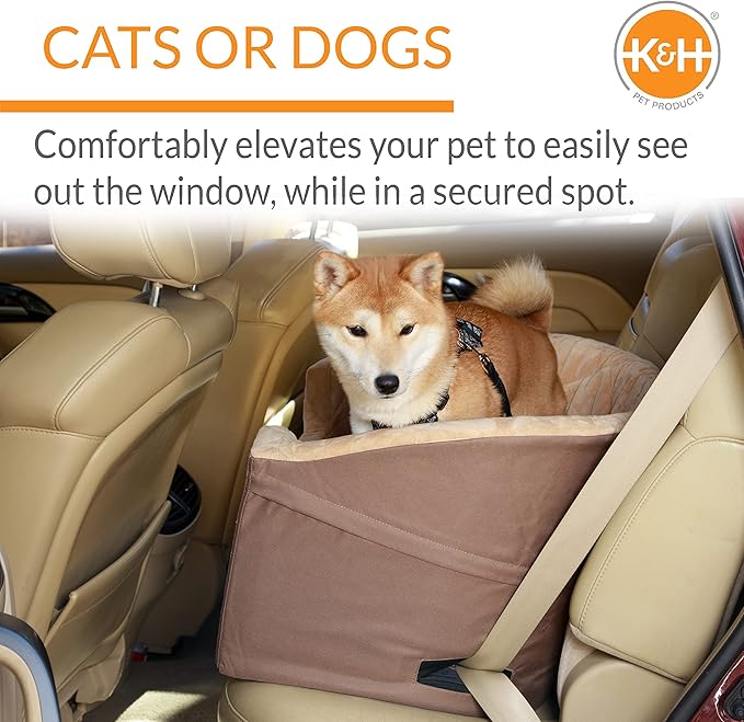 K&H Pet Products Bucket Booster Dog Car Seat, Seat Belt Secured, 2 Safety Leashes, Washable Covers, Sturdy Dog Booster Seats for Small to Medium Pets - Large Tan/Tan