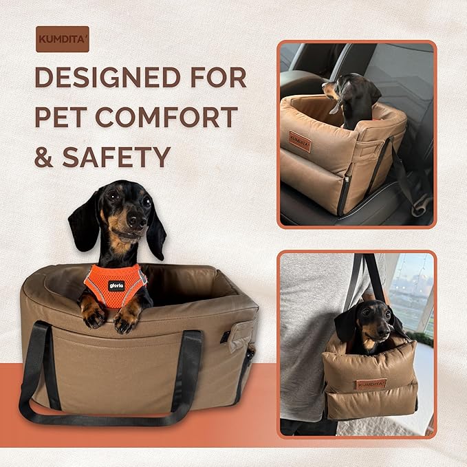 Kumdita' Center Console Car Seat & Carrier for Small Dogs & Cats with Dual Over-Seat Straps, Sewn-in Safety Leash & PE Board Base (Brown)