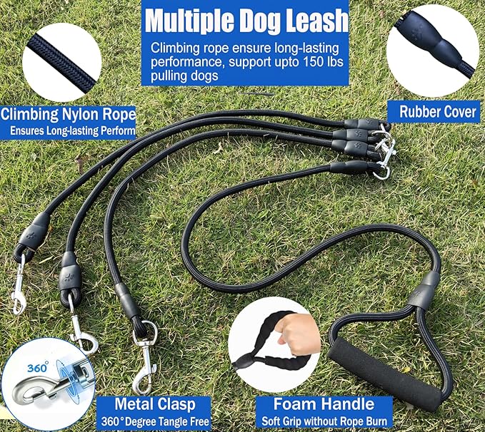 Heavy Duty 3 Dog Leash for Large Dogs No Tangle Detachable 360° Swivel Device with Padded Handle for Two/Three Pets