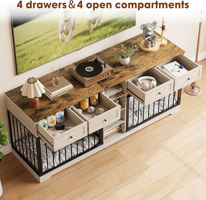 IDEALHOUSE 82" Large Dog Crate for 2 Dogs, Dog Kennel Indoor with 4 Drawers and Shelves, Double Dog Crate Furniture TV Stand, Wooden Dog Cage for Medium Large Dogs, Washed White