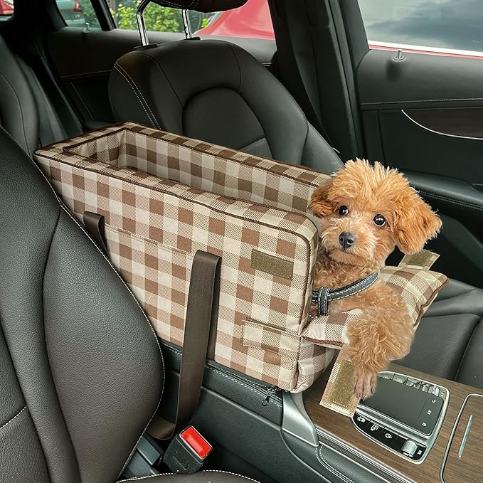 Pet Safety Booster Seat - Central Car Seat for Small Dogs & Cats | Removable & Washable Dog Travel Bed Bag | Adjustable Straps | Fits Car Console Armrests - Khaki
