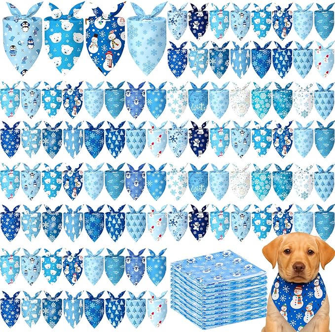 Preboun 100 Pcs Winter Dog Bandanas Bulk Blue Snowflakes Snowmen Bandanas for Dogs Triangle Kerchief Bibs Scarf for Pet Costume Photo Props Accessories Grooming Services Pet Shops Groomers, 25 Styles