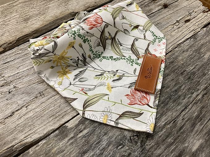 Personalized Dog Bandana, Stemmed Flowers, Stitched Leather Name Tag, Personalized Name, Bandanas for Dogs, Over The Collar Dog Bandana (Sizes: XXSmall - XXLarge)