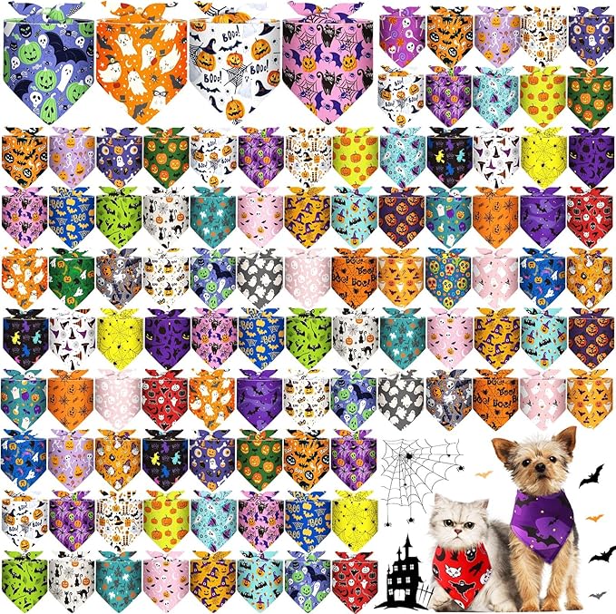 Amylove 120 Pcs Dog Bandanas Bulk Holiday Triangle Dog Pack Puppy Kerchief Bandana Adjustable Pet Scarf for Pet Cat Costume Accessories Decor(Skeleton)