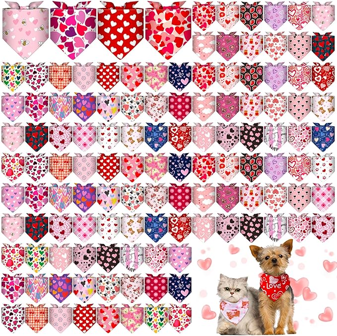 Amylove 120 Pcs Dog Bandanas Bulk Holiday Triangle Dog Pack Puppy Kerchief Bandana Adjustable Pet Scarf for Pet Cat Costume Accessories Decor(Love)