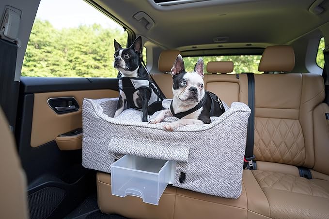 Snoozer Dog Car Seat with Storage Tray: Lookout II Dog Booster Car Seat for Pets up to 34lbs, Helps Alleviate Travel Sickness & Fear for Dogs, Removable Washable Cover – Palmer Dove, Size Large