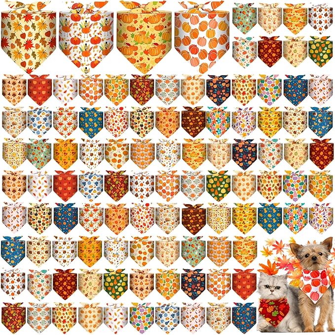 Amylove 120 Pcs Dog Bandanas Bulk Holiday Triangle Dog Pack Puppy Kerchief Bandana Adjustable Pet Scarf for Pet Cat Costume Accessories Decor(Turkey)