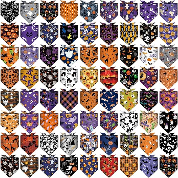 Reginary 72 Packs Halloween Dogs Bandanas Bulk Pet Scarf Pumpkins Bibs Adjustable Dog Bandana for Halloween Pet Costume