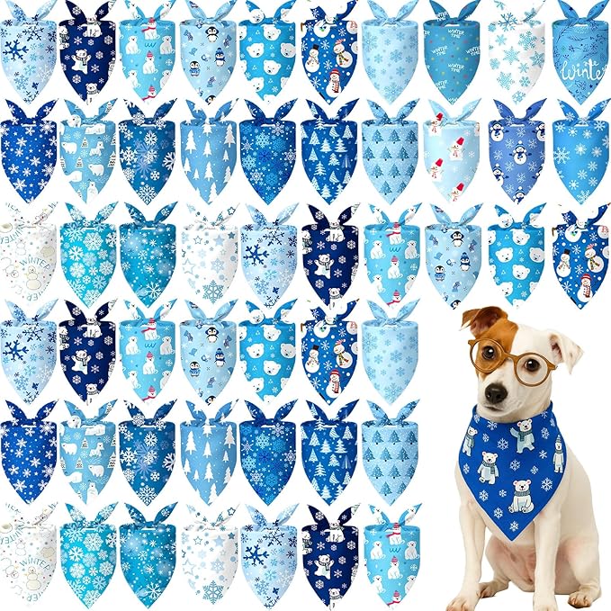 Preboun 50 Pcs Winter Dog Bandanas Bulk Blue Snowflakes Snowmen Bandanas for Dogs Triangle Kerchief Bibs Scarf Set for Pet Costume Photo Props Accessories Pet Shops, 25 Styles (19.7 x 13.8 x 13.8)