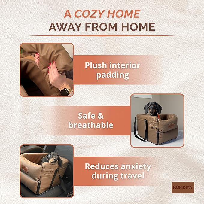 Kumdita' Center Console Car Seat & Carrier for Small Dogs & Cats with Dual Over-Seat Straps, Sewn-in Safety Leash & PE Board Base (Brown)