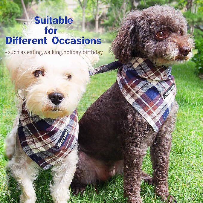 Adjustable Plaid Dog Bandanas,1PC Soft Washable Cotton Triangle Bib Kerchief Scarfs for Small Medium Large Dogs and Cats (Brown&Blue, Small)