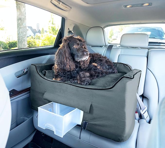 Snoozer Dog Car Seat with Storage Tray: Lookout II Dog Booster Car Seat Medium Sized Dog, Pet Car Seat to Help Car Sickness for Dogs, Included Harness Strap, Anthracite Removable Washable Cover