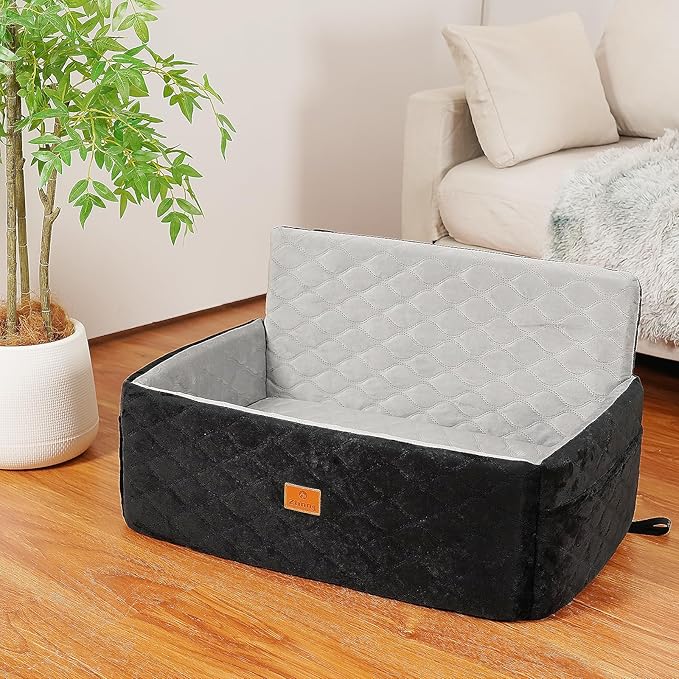 Dog Car Seat for Small/Medium Dog/Cat up to 60 lbs Memory Foam Pet Booster Seat with Detachable Washable Cover Travel-Safe Car Bed with Safety Belt/Storage Pockets Easy to Install