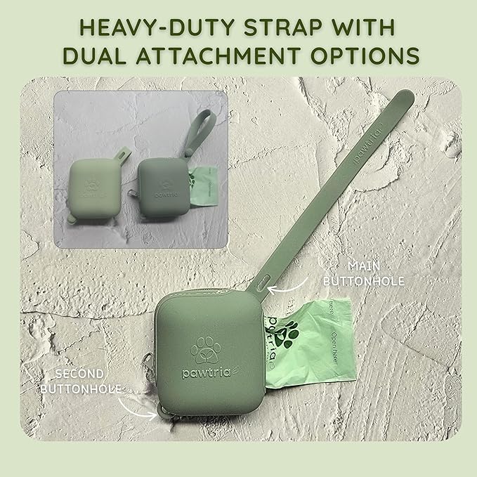 Premium Silicone Dog Walking Duo Set – BPA-Free Silicone Poop Bag Holder + Small Treat Pouch – Zero Plastic, Durable, Dishwasher Safe, with 1 Roll of Pawtria Dog Poop Bags – Green