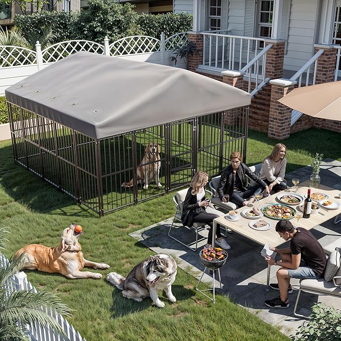 Large Dog Kennel Outside 10X10FT Heavy Duty Dog Cage with Feeding Door, Outdoor Dog Run with Roof and Double Safety Locks for Pets Enclosures