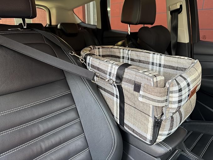 Kumdita' Center Console Car Seat & Carrier for Small Dogs & Cats with Dual Over-Seat Straps, Sewn-in Safety Leash & PE Board Base (Chequed)