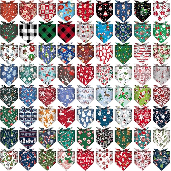 Reginary 72 Packs Christmas Dog Bandanas Bulk Santa Pet Scarf Bibs Triangle Dog Bibs Adjustable Bandana for Pet Costume Accessories