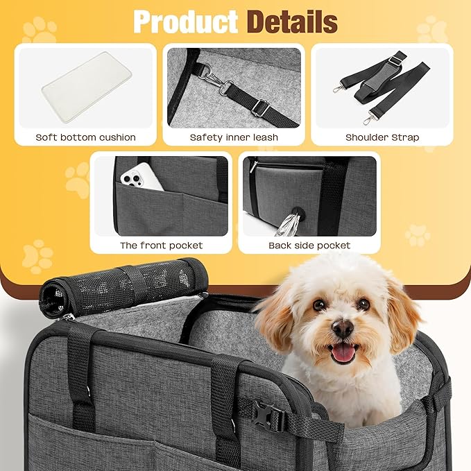 YUDODO 2-12lbs Center Console Dog Car Seat, Anti-Slip Pet Cat Booster Seat for Small Dogs, Portable Puppy Bed Carseat Carrier PU Leather Gray