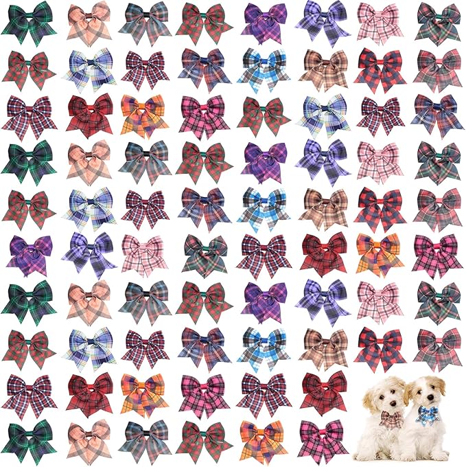 Wesiti 80 Pcs Dog Bows Ties for Small Dogs Assorted Pattern Pet Bowtie Collar Bows Cat Bowtie Collar Bowknot for Small Medium Puppy Pet Photography Grooming Party(Plaid Bowknot)
