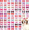 Tondiamo 100 Pack Valentine's Day Hair Bows with Rubber Bands Heart Pattern Puppy Bows for Dogs Spring Ear Rhinestone Pet Hair Grooming Accessories for Small Girl Cats