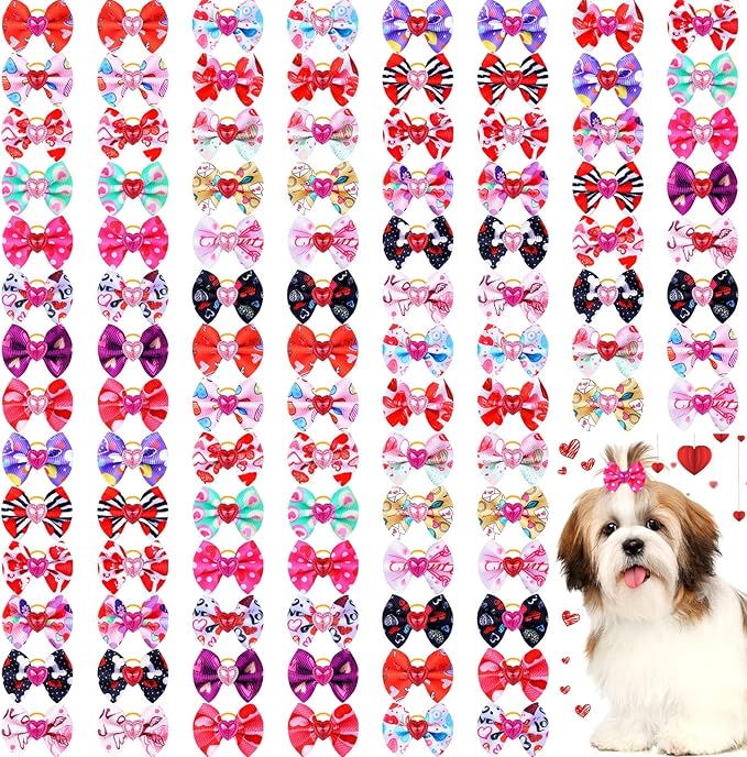 Tondiamo 100 Pack Valentine's Day Hair Bows with Rubber Bands Heart Pattern Puppy Bows for Dogs Spring Ear Rhinestone Pet Hair Grooming Accessories for Small Girl Cats