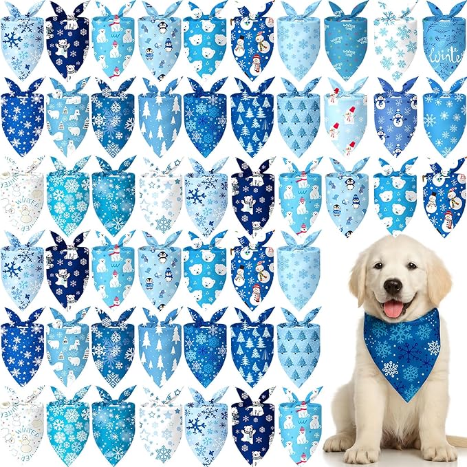 Preboun 50 Pcs Winter Dog Bandanas Bulk Snowflakes Snowmen Polar Bear Penguin Bandanas for Dogs Triangle Kerchief Bibs Scarf Pet Xmas Costume Photo Props Accessories, 25 Styles (25.6 x 17.7 x 17.7)