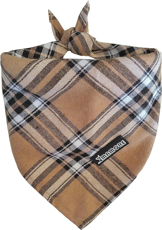 Adjustable Plaid Dog Bandanas,1PC Soft Washable Cotton Triangle Bib Kerchief Scarfs for Small Medium Large Dogs and Cats (Light Khaki, Small)