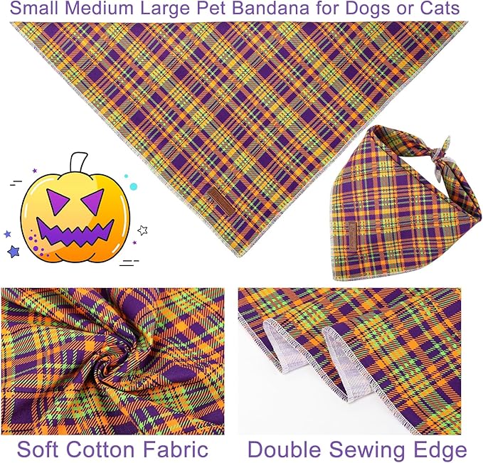 Halloween Pumpkin Dog Bandana, Thanksgiving Triangle Bid Scarf, Cotton Pet Kerchief for Girl Boy Dogs or Cats, Colorful Plaid Puppy Bandana for Small Medium Dog Fancy