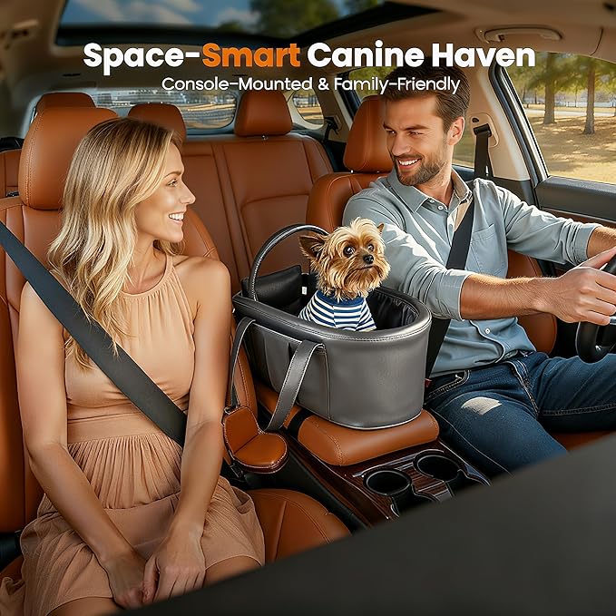 Portable Small Dog Seat for Car, Luxury Leather Center Console Dog Car Seat Booster with Safety Tethers, Anti-Collapse Pet Travel Carseat for SUV, Truck
