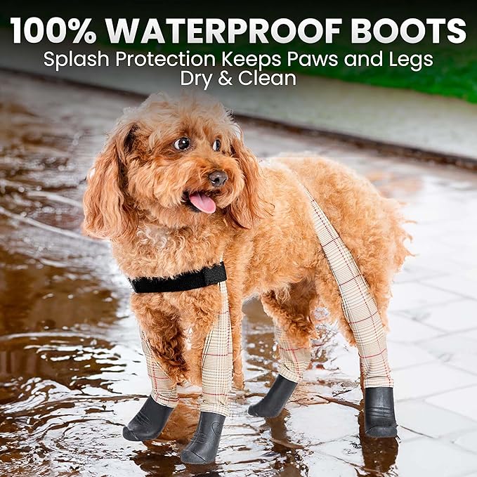 Updated Version - 100% Waterproof Dog Boots with Leggings – Stay-On Paw Protectors with Chest Strap for Rain & Snow, Anti-Slip Traction, Adjustable Fit, Machine Washable (Beige Plaid, S/M)