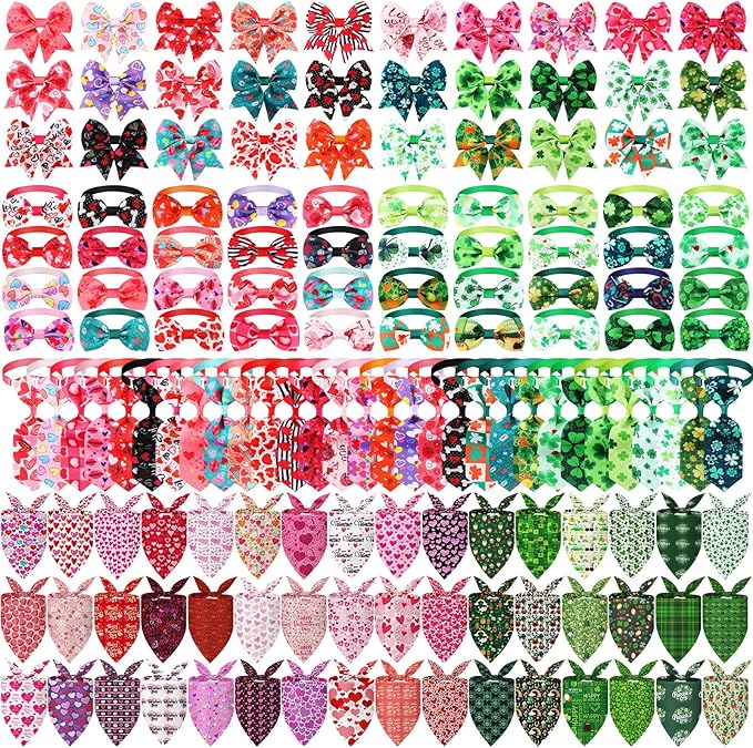 Reginary 200 Pcs Valentine's Day Dog Bandanas Bulk Dog Bows Ties St. Patrick's Day Pet Collars Set Clover Lucky Pattern Grooming Bowties and Neckties Collar for Small Middle Pets Puppies