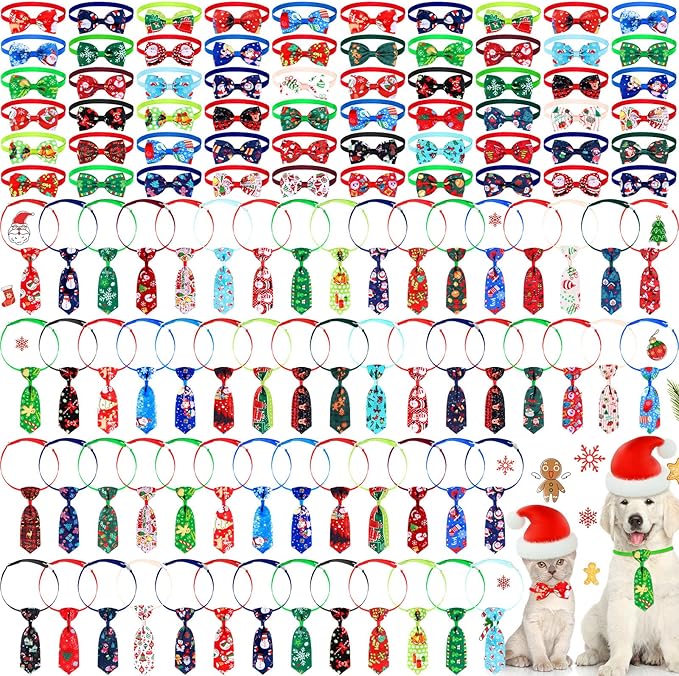 Eccliy 120 Pcs Christmas Dog Bow Tie Collar Bulk Christmas Dog Neck Ties Xmas Adjustable Pet Bowties Santa Claus Snowman Pattern Cat Collar Bow for Large Medium Small Pet Holiday Party Decoration