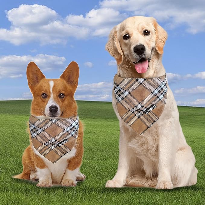Adjustable Plaid Dog Bandanas,1PC Soft Washable Cotton Triangle Bib Kerchief Scarfs for Small Medium Large Dogs and Cats (Light Khaki, Large)