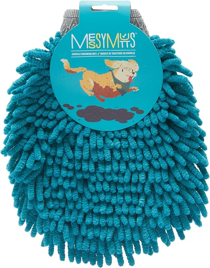Messy Mutts Microfiber Grooming Mitt | Chenille Microfiber Dog Shammy Mitt | Machine Washable Paw Cleaner | Blue