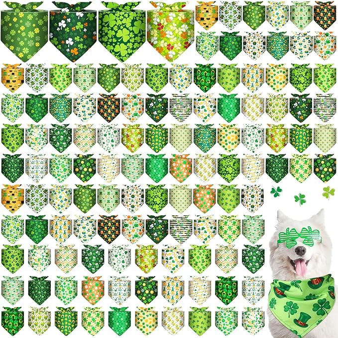Amylove 120 Pcs Dog Bandanas Bulk Holiday Triangle Dog Pack Puppy Kerchief Bandana Adjustable Pet Scarf for Pet Cat Costume Accessories Decor(Shamrock)