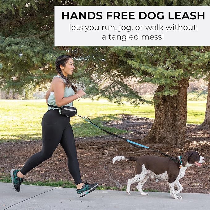 Squirrel Products Hands Free Dog Leash with Hip Belt/Crossbody Strap, Zipper Pouch, and Shock Absorbing Bungee for Walking or Jogging with pet (Black, Blue)