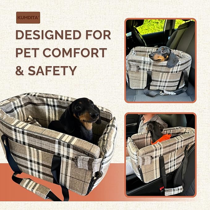 Kumdita' Center Console Car Seat & Carrier for Small Dogs & Cats with Dual Over-Seat Straps, Sewn-in Safety Leash & PE Board Base (Chequed)