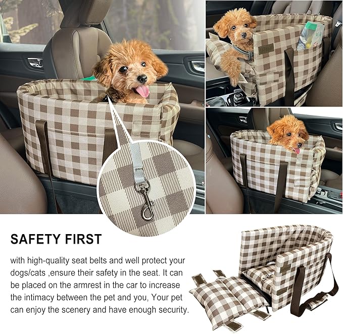 Dog Booster Car Seat ON Car Armrest,Puppy Travel Car Carrier Bed Center Console Doggie Seat for Small Pets Up to 10 Lbs,Detachable Dog Travel Bag for Most Car Deluxe Interactive Pet Seat