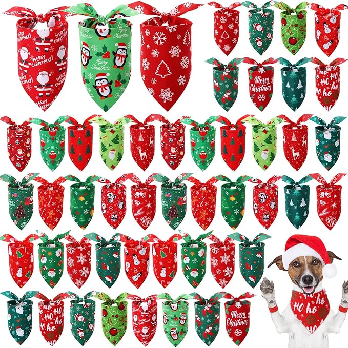 Preboun 50 Pcs Christmas Dog Bandanas Bulk Red and Green Bandanas for Dogs Triangle Kerchief Bibs Scarf Set for Pet Xmas Costume Photo Props Accessories Pet Shops, 25 Styles (25.6 x 17.7 x 17.7)