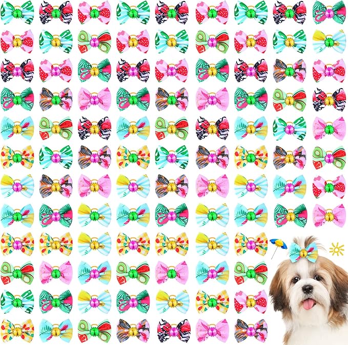 Tondiamo 100 Pack Summer Spring Dog Hair Bows with Rubber Bands Cute Puppy Bows for Dogs Spring Ear Bows Rhinestone Dog Hair Accessories Dog Bows Grooming for Small Girl Dogs