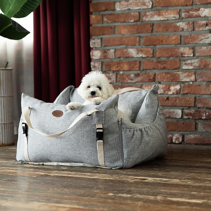 Dog Car Seat for Small Medium Large Dogs, Sofa Fabric&Eco-Friendly Microfiber Velboa, Detachable and Washable Travel Dog Booster with Thick Cushion (Cookie and Cream, L)