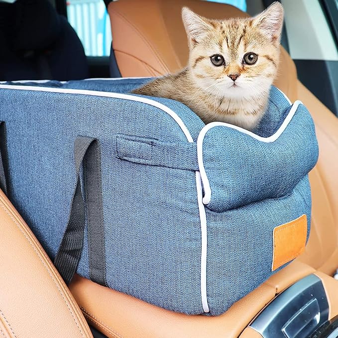 Dog Car Seat Pet Booster Seat ON Car Armrest Perfect for Small Pets, Interactive Dog Console Car Seat,Pet Travel Safety Car Seat,Portable Dog Car Travel Carrier Bed with Safety Buckle