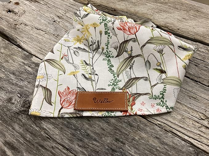 Personalized Dog Bandana, Stemmed Flowers, Stitched Leather Name Tag, Personalized Name, Bandanas for Dogs, Over The Collar Dog Bandana (Sizes: XXSmall - XXLarge)