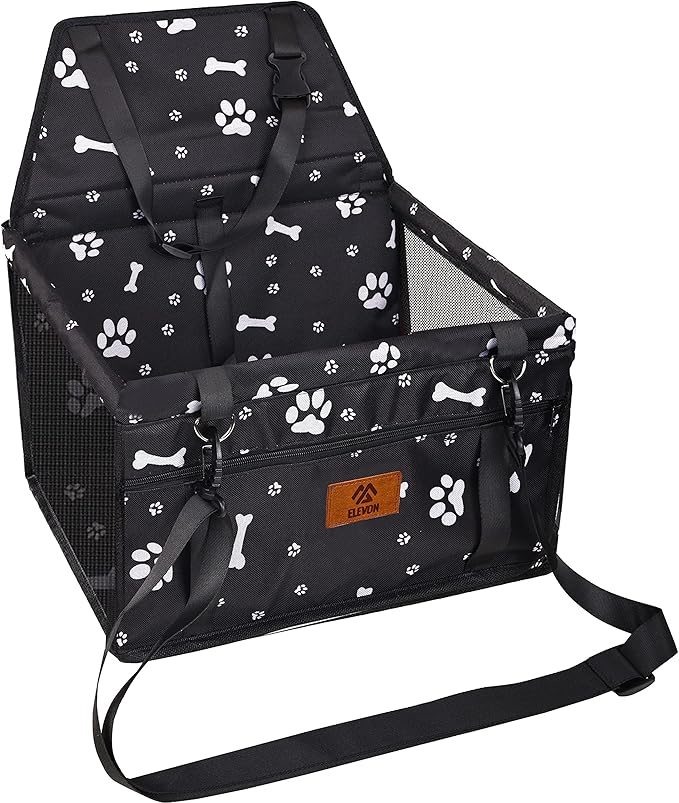 Elevon Dog Car Seat, Doggy Car Seat with PVC Support Tube and Safety Belt, Breathable & Anti-Collapse Puppy Car Seat, Easy to Assemble, Pet Car Seats for Small and Medium Dogs (Black, Bone)