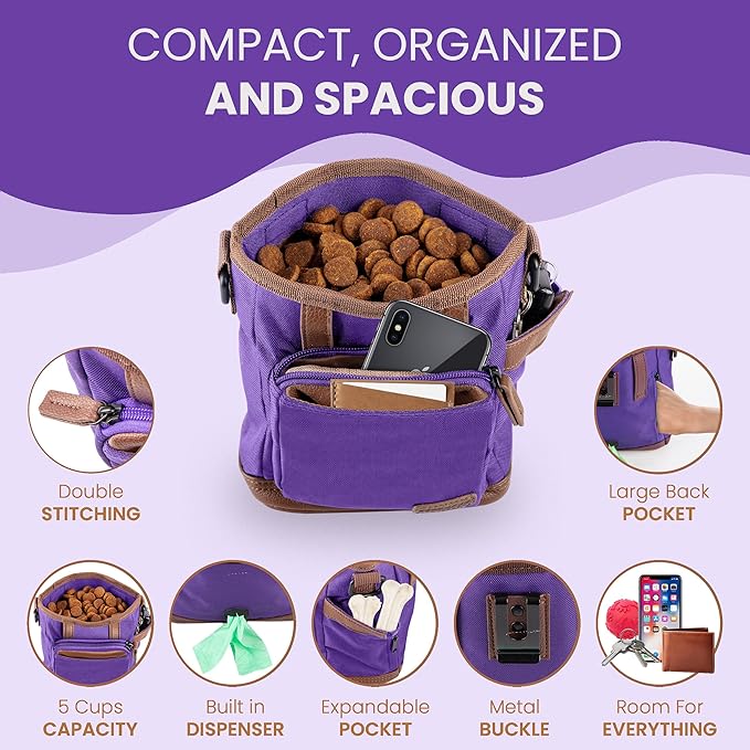 BEAU&FUR Large Dog Treat Pouch with Clicker for Training – 4 Cup Capacity, Built-In Poop Bag Dispenser, Expandable Pocket, Metal Buckle, Large Back Pocket, Ideal Design for Walks and Training – Purple