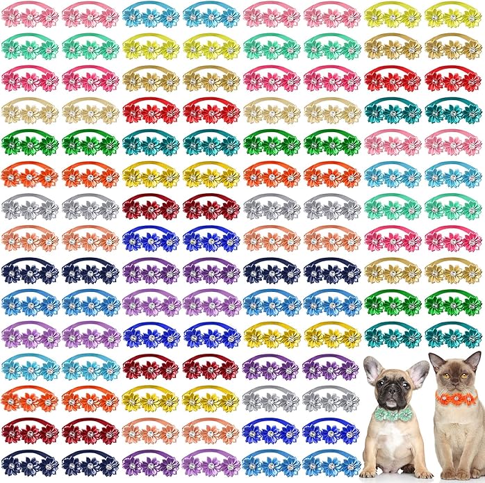 Yunsailing 200 Pieces Dog Bow Ties Collar Adjustable Flower Diamond Crystal Dog Cat Bowties Grooming Accessories for Small Medium Pet Puppy Girl Kitten Wedding Birthday Party