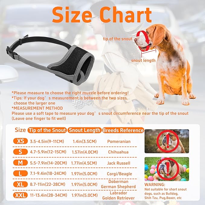 Dog Muzzle, Soft Breathable Muzzle for Small Medium Large Dogs, Air Mesh Nylon Muzzle Cover Prevent Biting Barking Chewing, Adjustable Drinkable Pet Muzzle 6 Sizes(Grey,L)