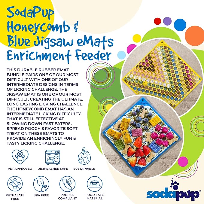 SodaPup Honeycomb & Blue Jigsaw eMat Bundle – Durable Lick Mat Feeder Made in USA from Non-Toxic, Pet-Safe, Food Safe Rubber for Avoiding Overfeeding, Digestive Health, Calming, & More